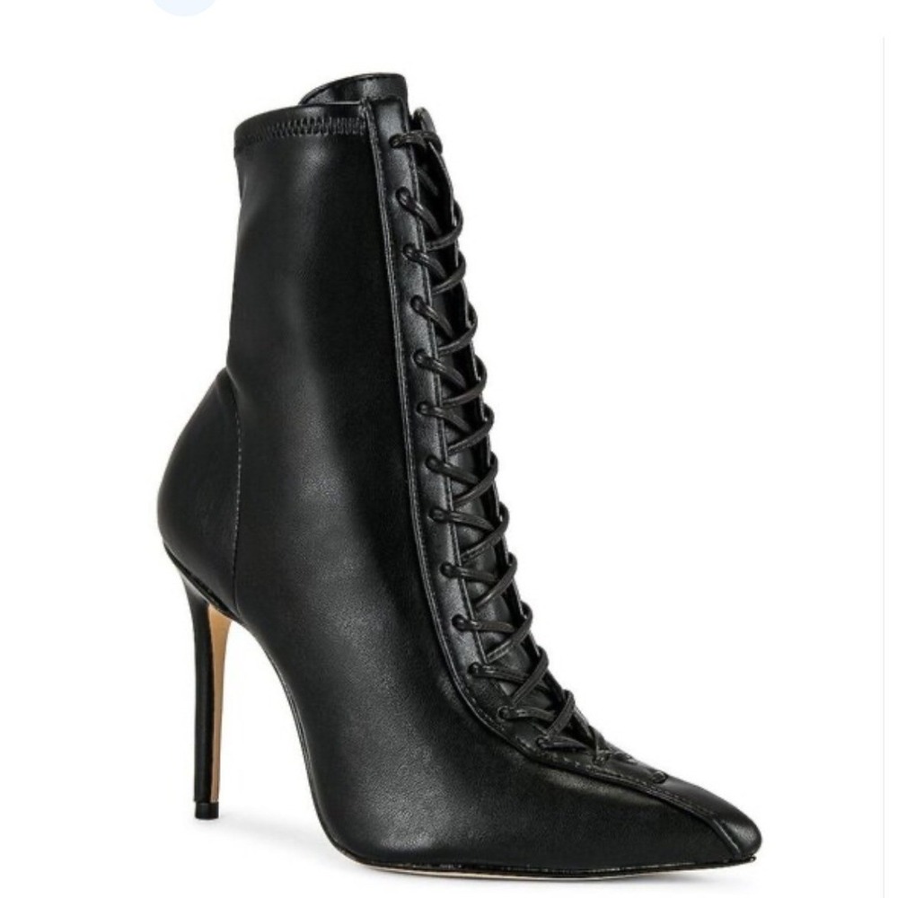 Schutz Tennie Black Leather Lace Up Pointed Toe Stiletto Boots 9B Witchy Costume